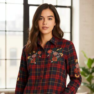 Haute Rogue Embroidered Floral Plaid Button-Up Shirt Medium